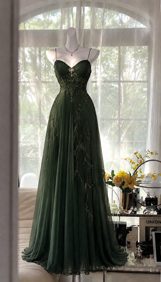 Elegantes Spaghettiträger A-Linie Chiffon Perlen Langes Abendkleid Dunkelgrünes Ballkleid ED07901
