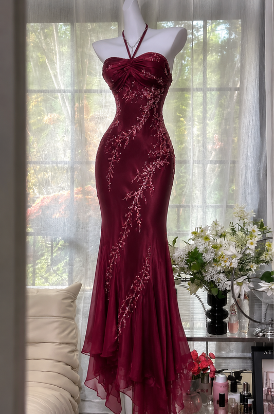 Elegantes Neckholder Meerjungfrau Chiffon Perlen Langes Abendkleid Burgund Ballkleid ED07902