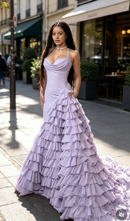 Chic Spaghetti Straps Sheath Chiffon Long Evening Dress Lavender Prom Dress ED07903