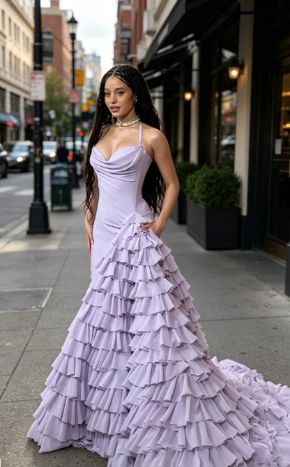 Chic Spaghetti Straps Sheath Chiffon Long Evening Dress Lavender Prom Dress ED07903