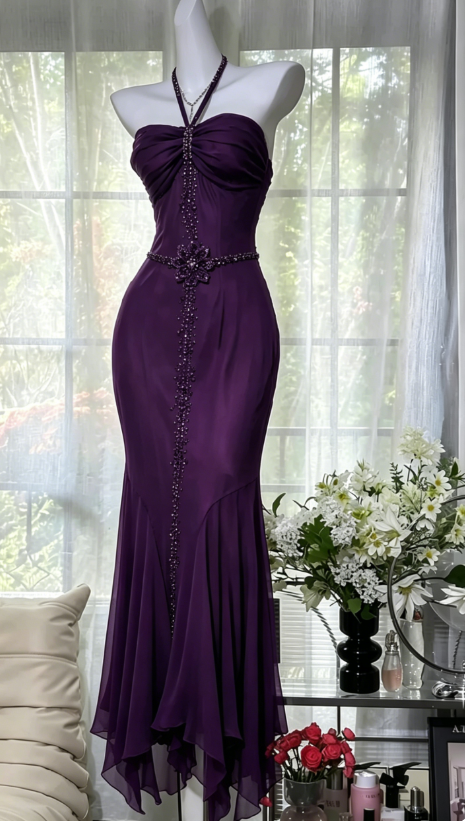 Chic Halter Mermaid Chiffon Long Evening Dress Purple Prom Dress ED07906