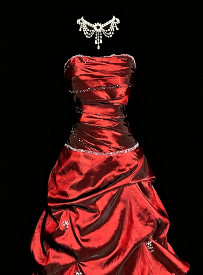 Chic Strapless A-Line Satin Long Evening Dress Burgundy Prom Dress ED07907
