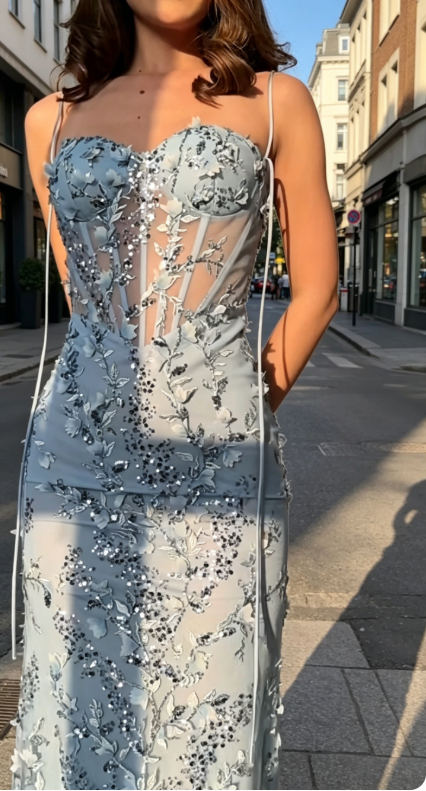 Élégante Robe de Soirée Longue en Satin Bleu avec Bretelles Fines, Appliques et Coupe Fourreau pour Bal de Promo ED07908
