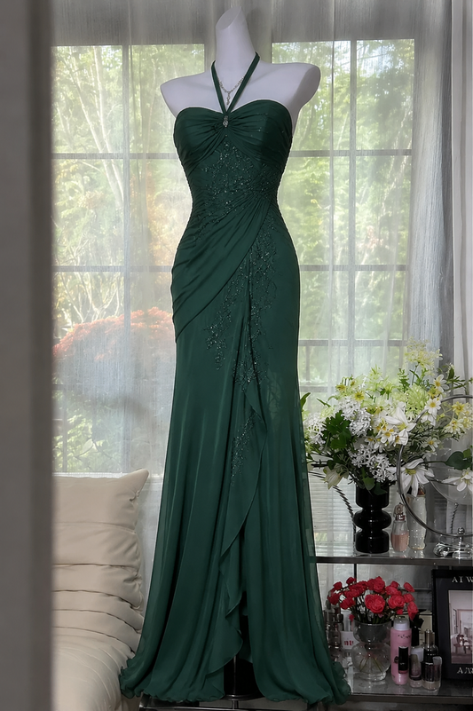 Vintage Neckholder Etuikleid Perlen Chiffon Langes Abendkleid Dunkelgrünes Ballkleid ED07910