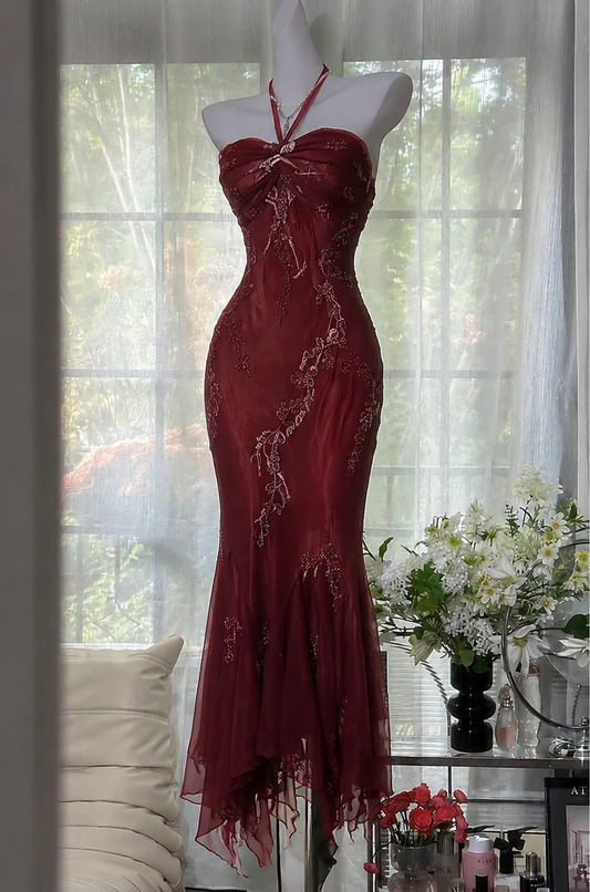 Vintage Halter Sheath Beaded Chiffon Long Evening Dress Burgundy Prom Dress ED07911