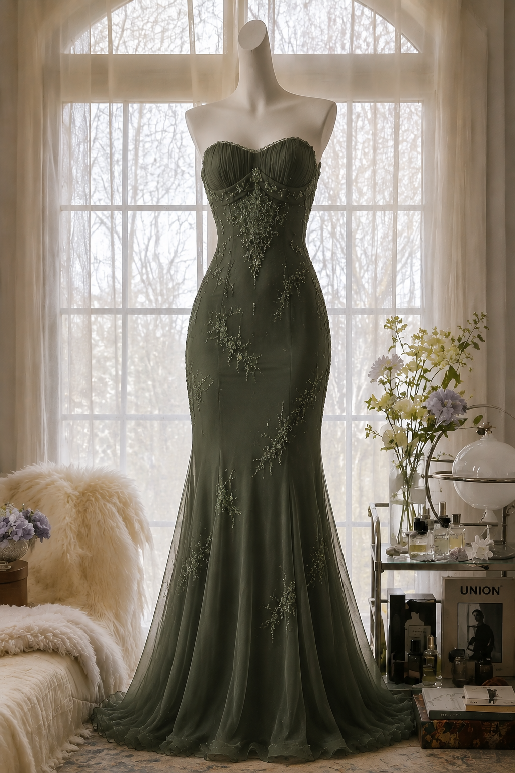Robe de soirée longue fourreau vintage orné de perles en mousseline vert olive foncé ED07912