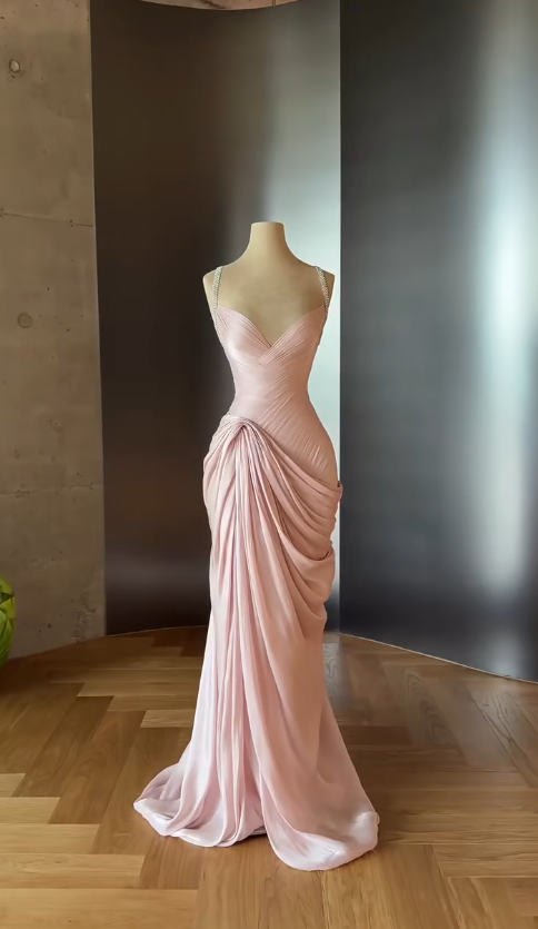 Fairy Spaghetti Straps Sheath Long Evening Dress Pink Prom Dress  Chiffon Birthday Dress ED07914