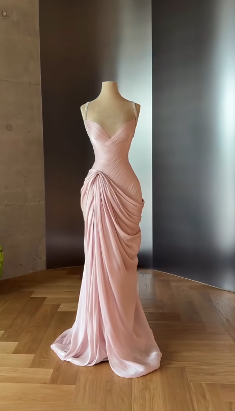 Fairy Spaghetti Straps Sheath Long Evening Dress Pink Prom Dress  Chiffon Birthday Dress ED07914