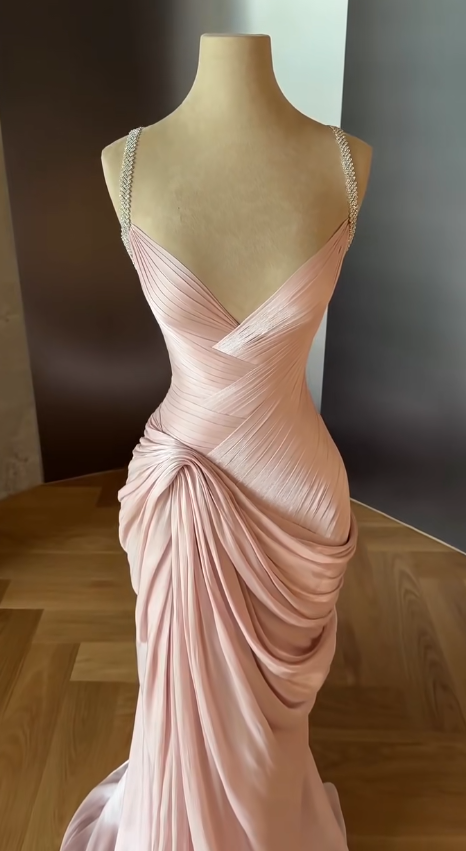 Fairy Spaghetti Straps Sheath Long Evening Dress Pink Prom Dress  Chiffon Birthday Dress ED07914