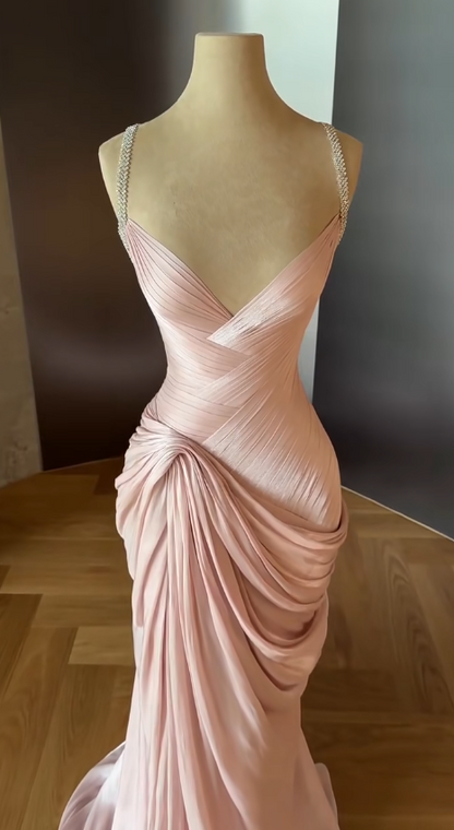 Fairy Spaghetti Straps Sheath Long Evening Dress Pink Prom Dress  Chiffon Birthday Dress ED07914