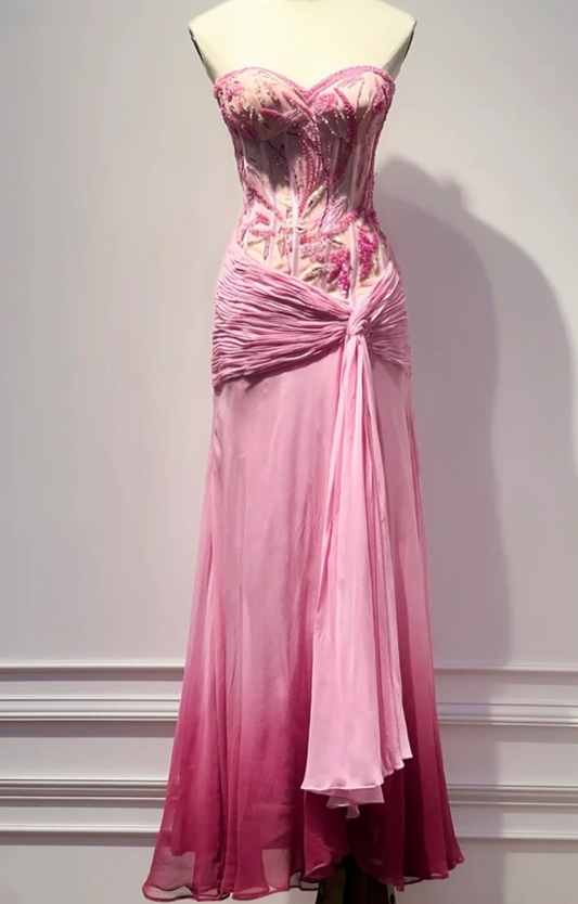 Fairy Sweetheart Sheath Long Evening Dress Pink Prom Dress Beaded Chiffon Birthday Dress ED07915