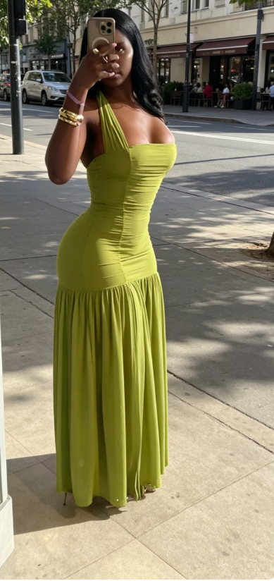 Elegant Green Wedding Guest Dress Halter Sheath Chiffon Long Evening Dress ED07917