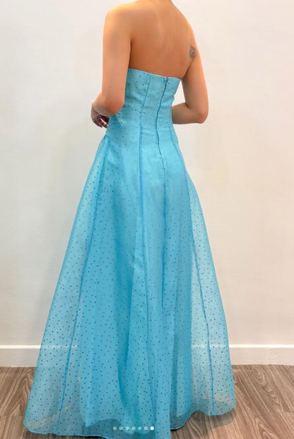 Élégante robe de soirée longue en tulle orné de perles, bustier, coupe trapèze, couleur bleue, pour bal de promo ED07921