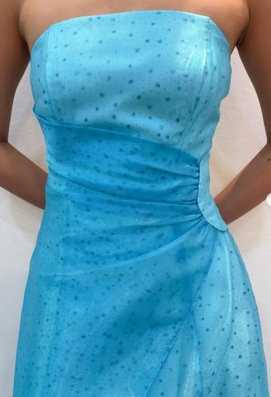 Elegantes trägerloses A-Linien-Abendkleid aus Tüll mit Perlen, langes Ballkleid Blau ED07921