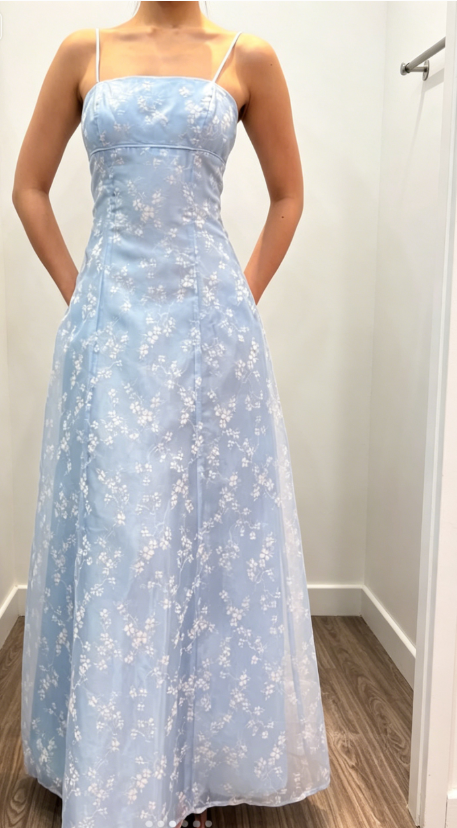 Elegantes Spaghetti-Träger A-Linien Tüll Langes Abendkleid Blaues Ballkleid ED07923