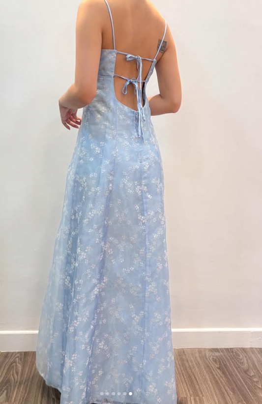 Elegantes Spaghetti-Träger A-Linien Tüll Langes Abendkleid Blaues Ballkleid ED07923