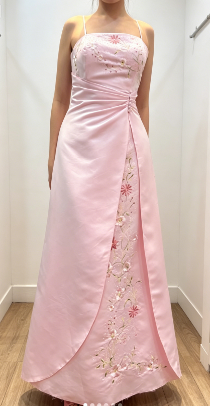 Elegantes Spaghetti-Träger A-Linien Besticktes Satin Langes Abendkleid Rosa Ballkleid ED07925