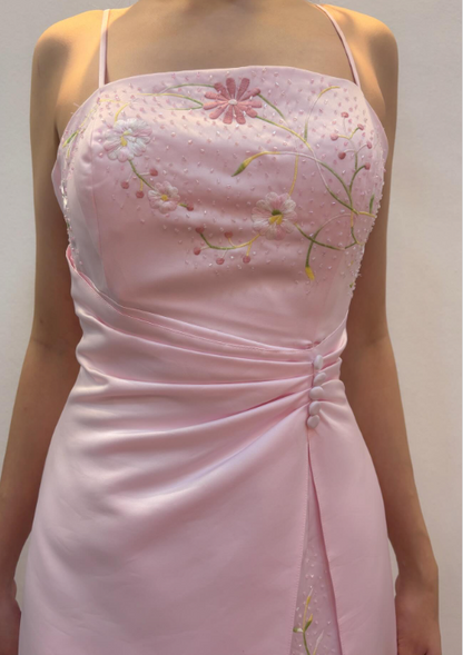 Elegantes Spaghetti-Träger A-Linien Besticktes Satin Langes Abendkleid Rosa Ballkleid ED07925