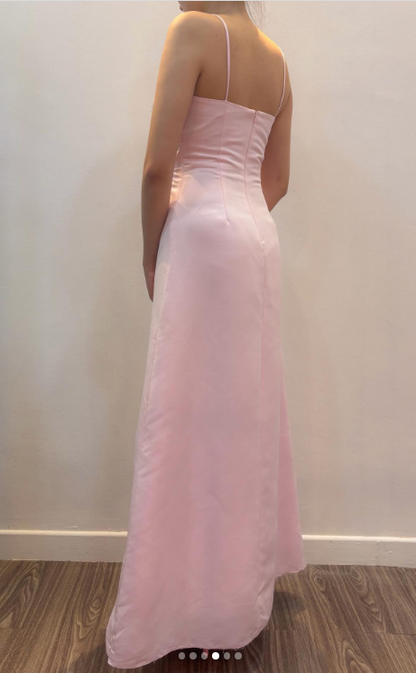 Elegantes Spaghetti-Träger A-Linien Besticktes Satin Langes Abendkleid Rosa Ballkleid ED07925