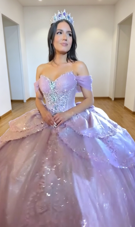 Gorgeous Off-shoulder Prom Dress Tulle Beaded Ball Gown Quinceanera Dress Pink Sweet 16 Dress ED07926