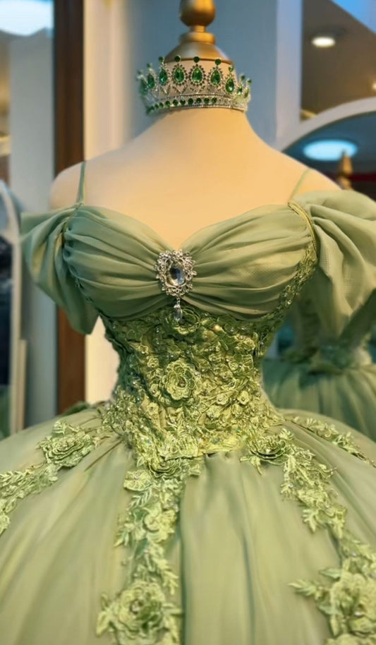 Magnifique robe de bal de promo à épaules dénudées en tulle, avec des appliqués, robe de soirée, robe de Quinceanera, robe de seizième anniversaire verte ED07928