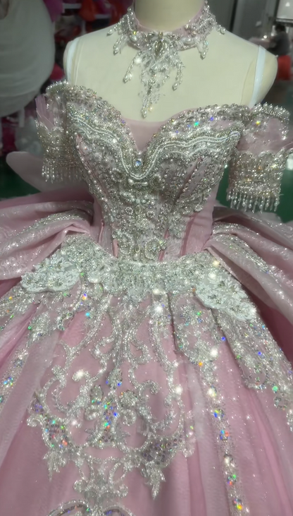 Superbe robe de bal sans épaules en tulle avec appliques, robe de soirée pour quinceañera, robe rose pour les 16 ans ED07929