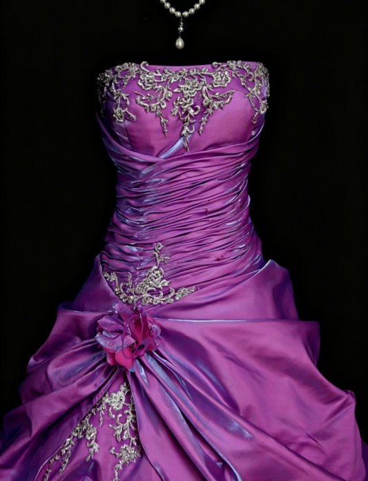 Magnifique robe de bal bustier en satin avec appliques pour bal de promo ou Quinceanera, robe violette Sweet 16 ED07932