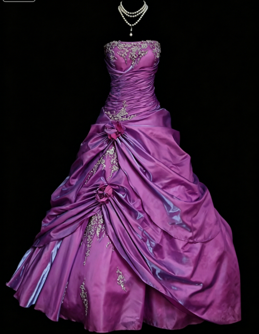 Magnifique robe de bal bustier en satin avec appliques pour bal de promo ou Quinceanera, robe violette Sweet 16 ED07932