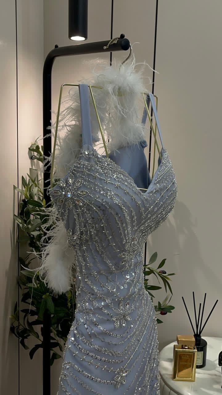 Magnifique Robe de Soirée Longue Fourreau en Tulle Perlé Col en V Bleu Robe de Bal ED07933