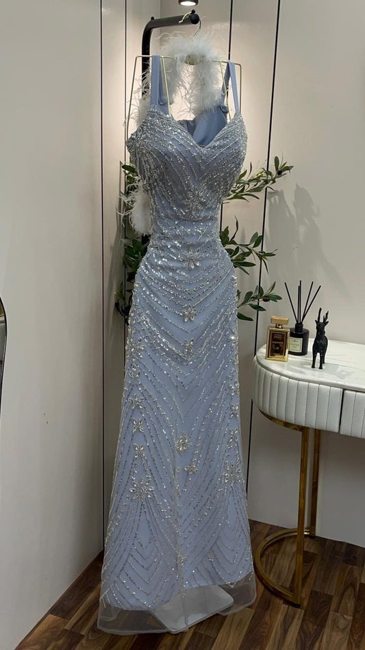 Gorgeous V-neck Sheath Beaded Tulle Long Evening Dress Blue Prom Dress ED07933