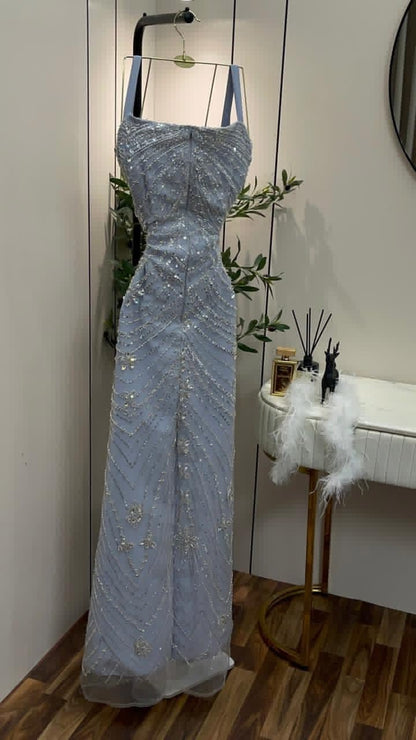 Magnifique Robe de Soirée Longue Fourreau en Tulle Perlé Col en V Bleu Robe de Bal ED07933