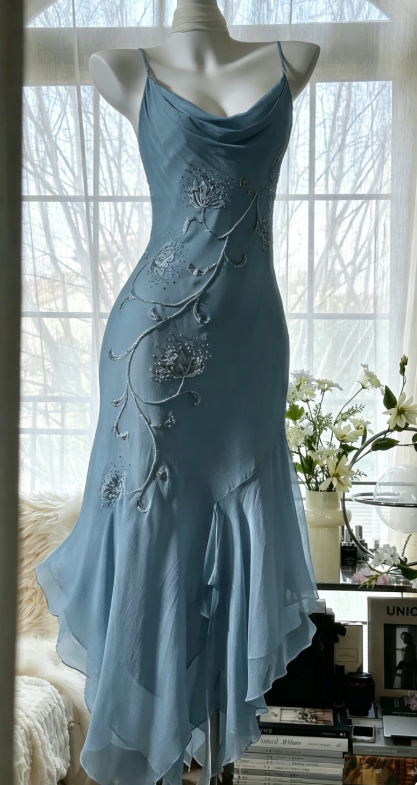 Gorgeous Spahetti Straps Sheath Chiffon Long Evening Dress Dusty Blue Prom Dress ED07935