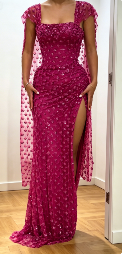 Gorgeous Square Neck Sheath Tulle Long Evening Dress Hot Pink Prom Dress with Slit ED07936