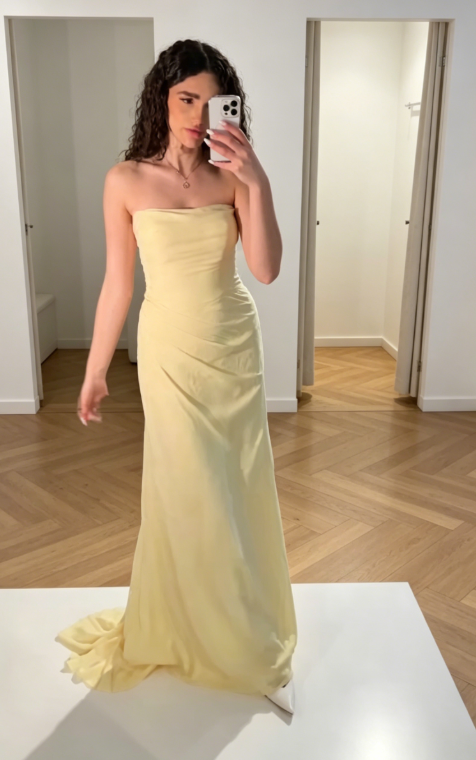 Elegantes gelbes Brautjungfernkleid Chiffon Etuikleid Trägerloses langes Abendkleid ED07938
