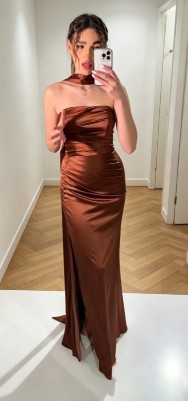 Chic Brown Bridesmaid Dress Satin Sheath Strapless Long Evening Dress ED07940
