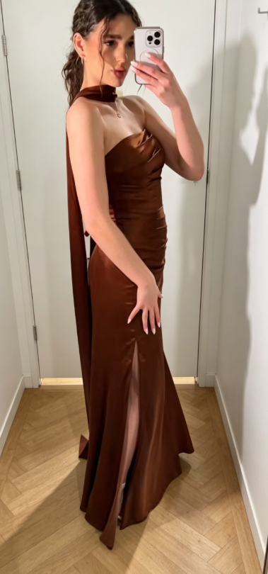 Chic Brown Bridesmaid Dress Satin Sheath Strapless Long Evening Dress ED07940