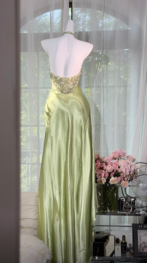Élégante robe de soirée longue fourreau à licou en satin, robe de bal, robe de demoiselle d'honneur verte ED07942