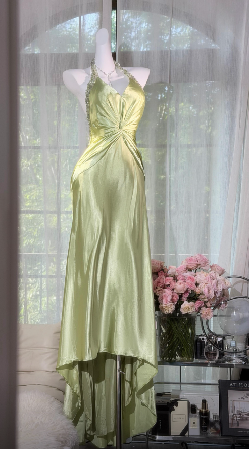Elegant Halter Sheath Long Evening Dress Satin Prom Dress Green Wedding Guest Dress ED07942