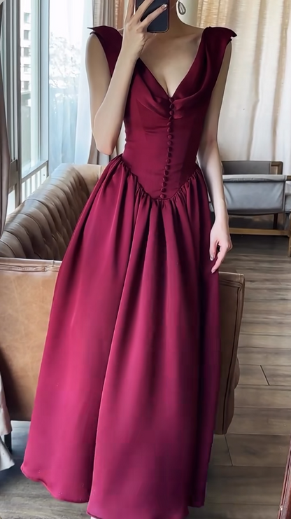 Élégante Robe de Soirée Longue en Satin Col V Coupe A-Line Robe de Bal Robe d'Invitée de Mariage Bordeaux ED07944