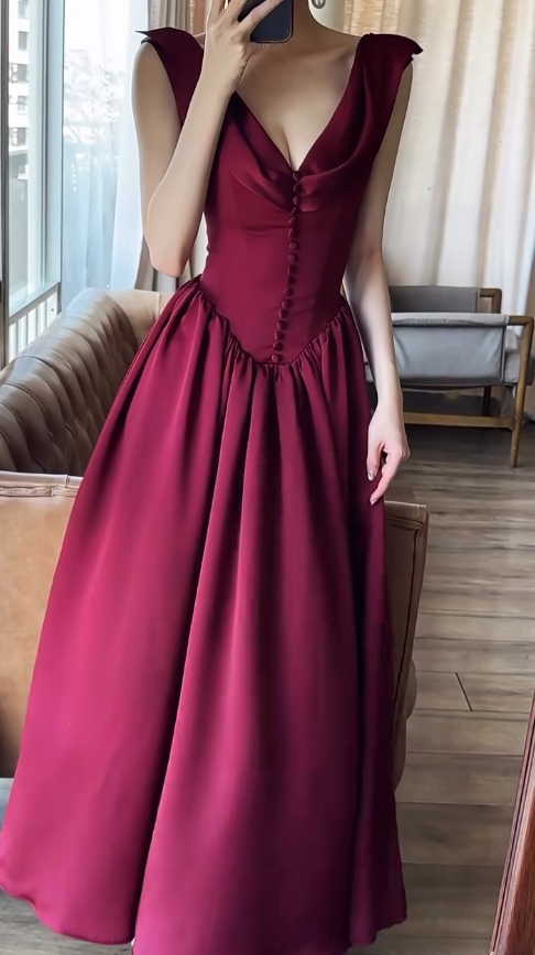 Élégante Robe de Soirée Longue en Satin Col V Coupe A-Line Robe de Bal Robe d'Invitée de Mariage Bordeaux ED07944