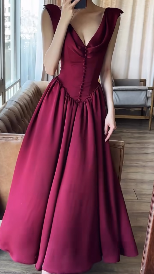 Élégante Robe de Soirée Longue en Satin Col V Coupe A-Line Robe de Bal Robe d'Invitée de Mariage Bordeaux ED07944