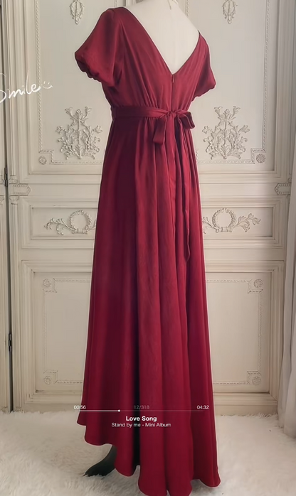 Elegant V-neck A-Line Long Evening Dress Satin Prom Dress Burgundy Wedding Guest Dress ED07945