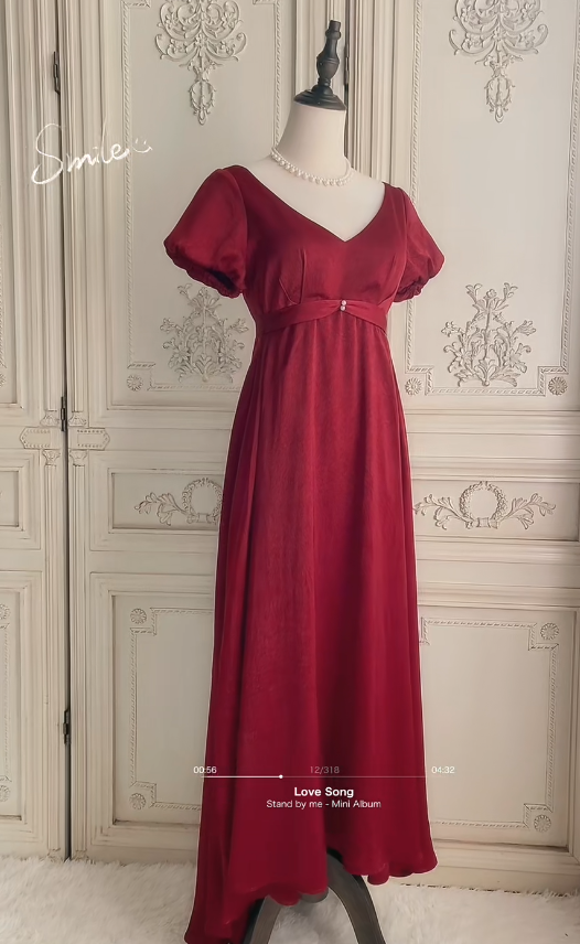 Elegant V-neck A-Line Long Evening Dress Satin Prom Dress Burgundy Wedding Guest Dress ED07945