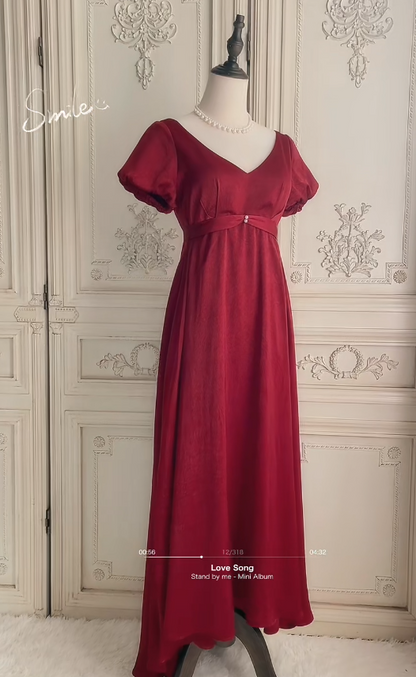 Elegant V-neck A-Line Long Evening Dress Satin Prom Dress Burgundy Wedding Guest Dress ED07945