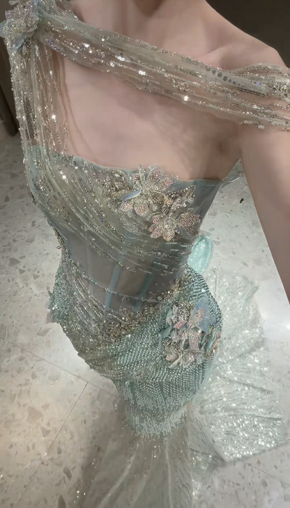 Elegant One-shoulder Mermaid Sequins Tulle Long Evening Dress Green Prom Dress ED07946