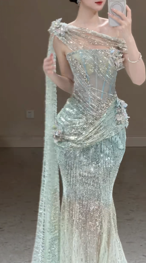 Elegant One-shoulder Mermaid Sequins Tulle Long Evening Dress Green Prom Dress ED07946