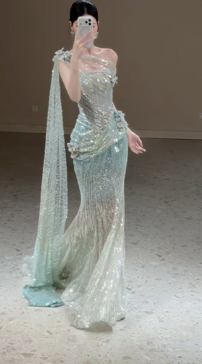 Elegant One-shoulder Mermaid Sequins Tulle Long Evening Dress Green Prom Dress ED07946