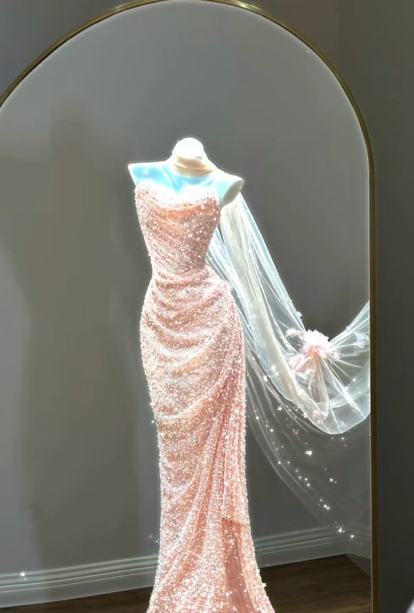 Elegant Sweetheart Sheath Beaded Tulle Long Evening Dress Pink Prom Dress ED07947