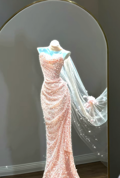 Elegant Sweetheart Sheath Beaded Tulle Long Evening Dress Pink Prom Dress ED07947