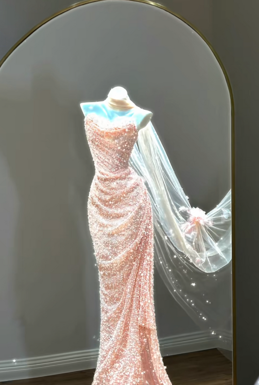 Elegant Sweetheart Sheath Beaded Tulle Long Evening Dress Pink Prom Dress ED07947